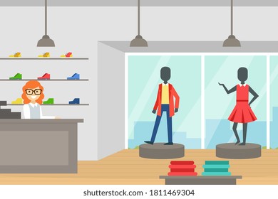 Fashion Store, Boutique of Clothes and Shoes, Clothing Shop Interior with Seller at Counter Cartoon Vector Illustration