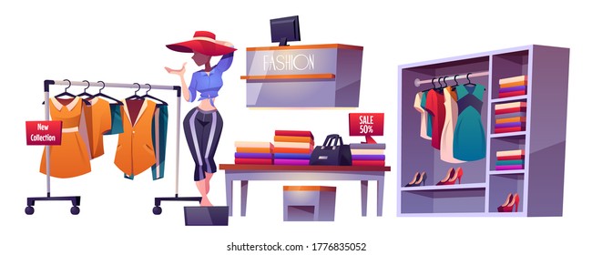 Fashion store, cloth shop interior stuff mannequin, clothing shelves, table with discount production, counter desk with pc, hangers with dresses, sale banner. Cartoon vector illustration, isolated set