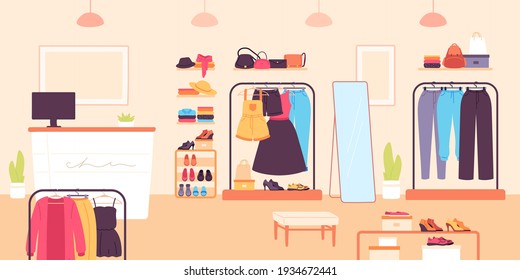 Fashion store. Clothing retail shop for women with dresses, shoes and bags. Boutique room with counter and clothes on shelf, vector interior