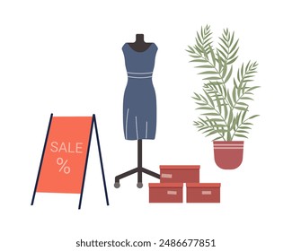 Fashion store equipment on seasonal sales, mannequin and boxes with shoes vector illustration