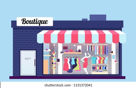 Fashion Store Exterior. Beauty Shop Boutique Exterior With Storefront And Clothes. Vector Illustration. Store, Boutique And Storefront Window Facade