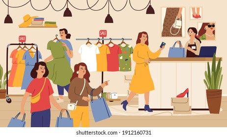 Fashion store. Female shop, outlet or sale in boutique. Women shopping, person buy dress t-shirt shoes vector illustration