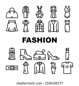 Fashion Store Garment And Shoes Icons Set Vector. Fashion Store Selling Dresses Evening Gowns And Jacket, T-shirt And Coats, Woman Bag And Belt Accessories Black Contour Illustrations