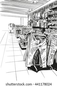 Fashion Store Hand Drawn Sketch Interior Design. Vector Illustration