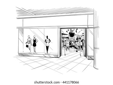 Fashion Store Hand Drawn Sketch Interior Design. Vector Illustration