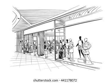 Fashion store hand drawn sketch interior design. Vector illustration