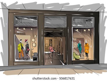 Fashion Store Hand Drawn Sketch Interior Design. Vector Illustration