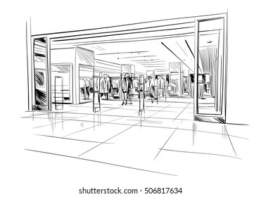 Fashion store hand drawn sketch interior design. Vector illustration