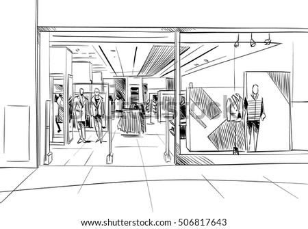 Vetor stock de Fashion Store Hand Drawn Sketch Interior (livre de