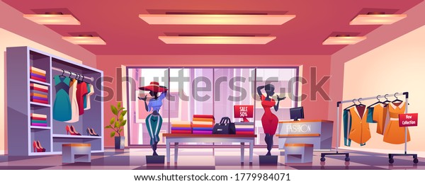 Fashion store interior with
counter, mannequins, hangers and showcase with dresses and shoes.
Vector cartoon illustration of boutique inside, clothes shop with
discount