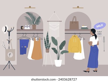 A fashion store interior, organic materials and accessories, handmade decor, a customer walking around