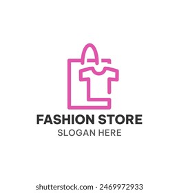 Fashion store logo concept in outline style. Shop and T shirt vector illustration