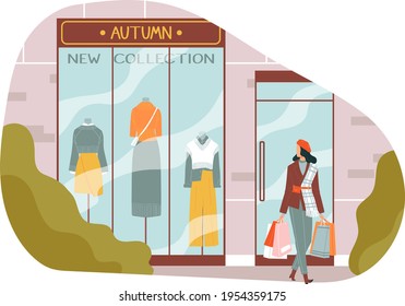 Fashion store, new autumn collection sale, retail, women s accessories shopping center, design cartoon style vector illustration.