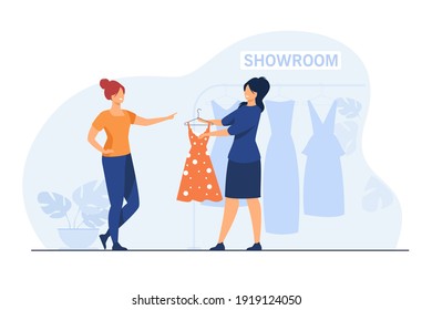 Fashion Store Seller Helping Customer In Showroom. Consultant Giving Dress To Woman For Trying. Flat Vector Illustration. Shopping, Buying Cloth Concept For Banner, Website Design Or Landing Web Page