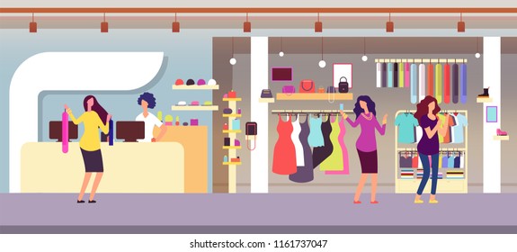 Fashion store. Shopping women in boutique with femele clothes and accessories. Clothing shop interior flat vector illustration. Boutique store, interior elegance retail showroom