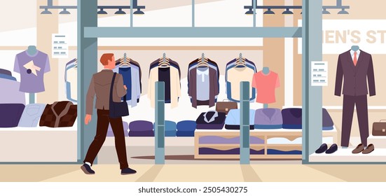 Fashion storefront of men retail clothing shop. Young man walking to showcase and door of boutique or department store, glass front with mannequin, elegant clothing inside cartoon