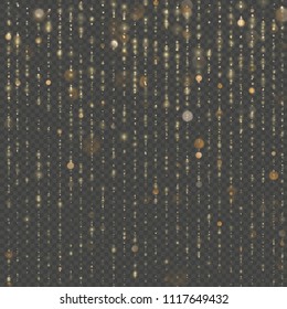 Fashion strass drops with shiny sequins. Gold particles lines rain. Sparkling of shimmering light blurs. Overlay transparent glitter threads of curtain backdrop. Christmas and New Year effect. EPS 10