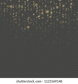 Fashion strass drops with shiny sequins. Sparkling of shimmering light blurs. Christmas and New Year effect. Gold particles lines rain. Overlay transparent glitter threads of curtain backdrop. EPS 10