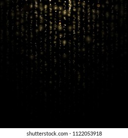 Fashion strass drops with shiny sequins. Sparkling of shimmering light blurs. Christmas and New Year effect. Gold particles lines rain. Glitter threads of curtain backdrop on black. EPS 10