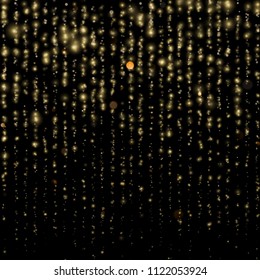 Fashion strass drops with shiny sequins. Gold particles lines rain. Sparkling of shimmering light blurs. Glitter threads of curtain backdrop on black. Christmas and New Year effect. EPS 10