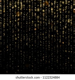 Fashion strass drops with shiny sequins. Gold particles lines rain. Sparkling of shimmering light blurs. Glitter threads of curtain backdrop on black. Christmas and New Year effect. EPS 10