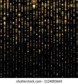 Fashion strass drops with shiny sequins. Christmas and New Year effect. Sparkling of shimmering light blurs. Glitter threads of curtain backdrop on black. Gold particles lines rain. EPS 10