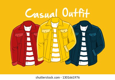 Fashion Street men casual style look . Doodle of colorful denim jacket hand drawn illustration look background. With Casual Outfit text type