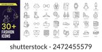 Fashion Stroke icon collections. Containing tailor, accessories, dress, sewing, fabric, clothes, shoes and beauty icons. Stroke icon collection Outline icon