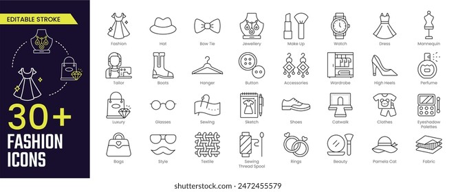 Colecciones de iconos de Fashion Stroke. Conteniendo sastre, accesorios, vestido, costura, tela, ropa, zapatos e iconos de belleza. Icono de trazo Icono de contorno de colección