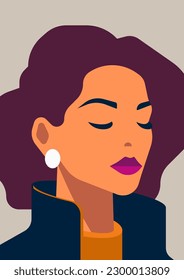 Fashion fuerte mujer retrato cara belleza con pelo retro labios brillantes color pastel afiche vectorial ilustración plana. Cabeza femenina independiente a la moda elegante silueta mínima modelo joven camiseta estampada