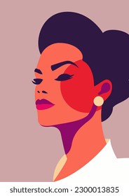 Mujer fuerte de la moda con pelo retro abstracto manto pastel pintura contemporánea afiche de camiseta impresión vectorial ilustración plana. Belleza a la moda retrato femenino concepto de feminismo igualdad de poder de las niñas