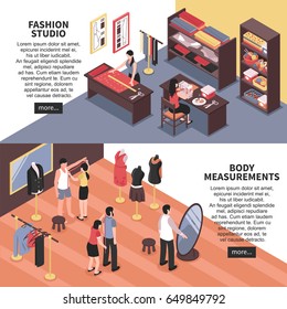 Fashion studio and body measurements horizontal banners with dressmakers and customers isometric icons vector illustration 
