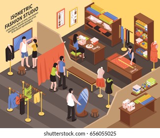 Fashion studio composition with staff customers furniture and sewing supplies isometric icons vector illustration 