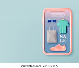 fashion stuff and mobile phone for sale banner online shopping application in 3d realistic art style and pastel scheme vector illustration
