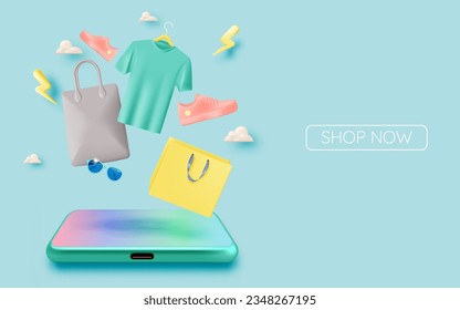 fashion stuff and mobile phone for sale banner online shopping application in 3d realistic art style and pastel scheme vector illustration