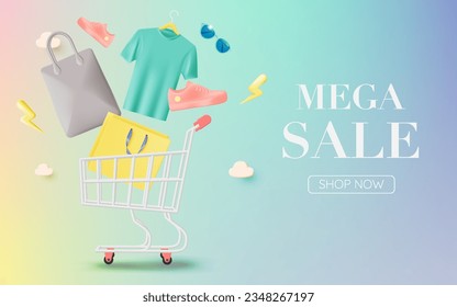 fashion stuff and mobile phone for sale banner online shopping application in 3d realistic art style and pastel scheme vector illustration