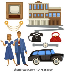 Fashion style of 1940s and architecture, epoch symbols isolated objects vector. Woman in dress and man in suit, TV set and building, gold jewelry and purse. Telephone and silver watch, retro car