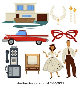 Fashion Style Of 1950s And Architecture, Epoch Symbols, Technology And Car Vector. House Or Mension And Jewelry With Pearls, Cat-eye Glasses And Vehicle. Telephone And TV Set, Man And Woman In Dress