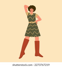 Fashion and style of the 70s. Cute young woman in a short skirt, waistcoat and high boots. Vector trendy illustration.
