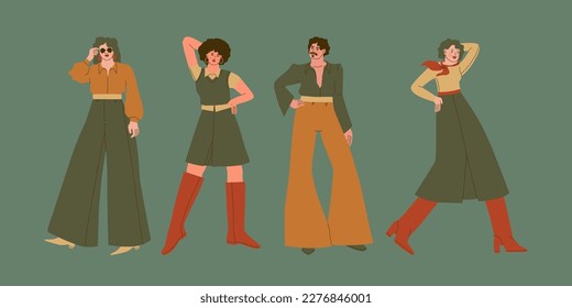 Moda y estilo de los años 70. Hombres y mujeres jóvenes de estilo vintage. Personas vestidas en los años 60, 70, 80. Ilustración de moda vectorial.