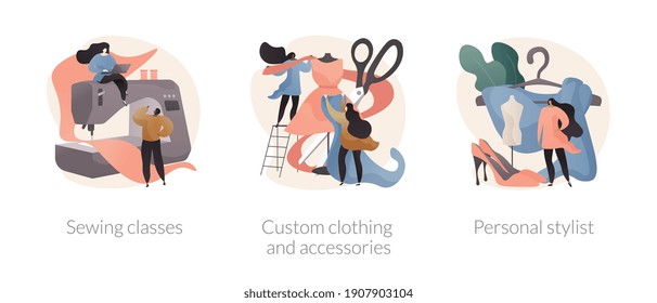 Fashion Style Abstract Concept Vector Illustration Set. Sewing Classes, Custom Clothing And Accessories, Personal Stylist, Design Studio, Hand Craft, Fashion Collection, Hobby Abstract Metaphor.