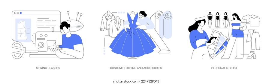 Fashion style abstract concept vector illustration set. Sewing classes, custom clothing and accessories, personal stylist, design studio, hand craft, fashion collection, hobby abstract metaphor.