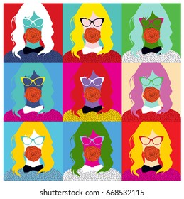 Fashion style beautiful woman wearing cat eye glasses background. Vector illustration.
