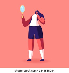 Fashion, Style and Beauty Concept. Self-assessment and Personal Appearance. Female Character Looking at Mirror Reflection. Woman Admire with her Image and Touch Long Hair. Cartoon Vector Illustration