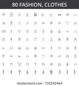 Fashion, style, clothing, clothes, female dress, men design, fashionable shirt, casual wear, wardrobe, lifestyle, sale, shop line icons, signs. Illustration vector concept. Editable strokes