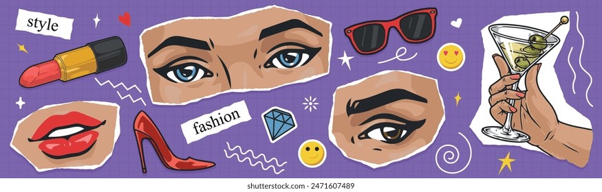 Fashion and style colorful poster with fragments of face of beautiful woman model for magazine page design vector illustration