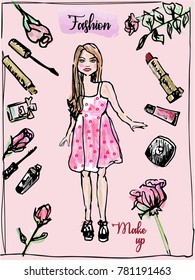 fashion, style, cosmetics, handmade, calligraphy, girl in dress, flowers, perfume, vector