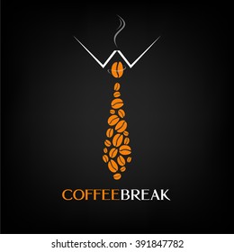 Fashion style design coffee logo with a tie vector illustration. Creative idea coffee beans banner or poster.  Coffee break text. Funny coffee poster.