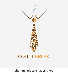 Fashion style design coffee logo with a tie vector illustration. Creative idea coffee beans banner or poster.  Coffee break text. Funny coffee poster.