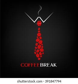 Fashion style design coffee logo with a tie vector illustration. Creative idea coffee beans banner or poster.  Coffee break text. Funny coffee poster.